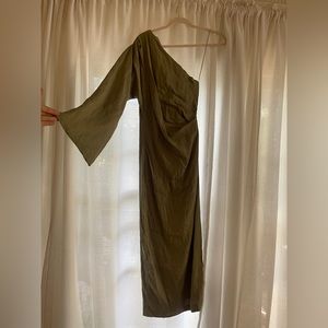 One Shoulder Olive Green Linen Dress
